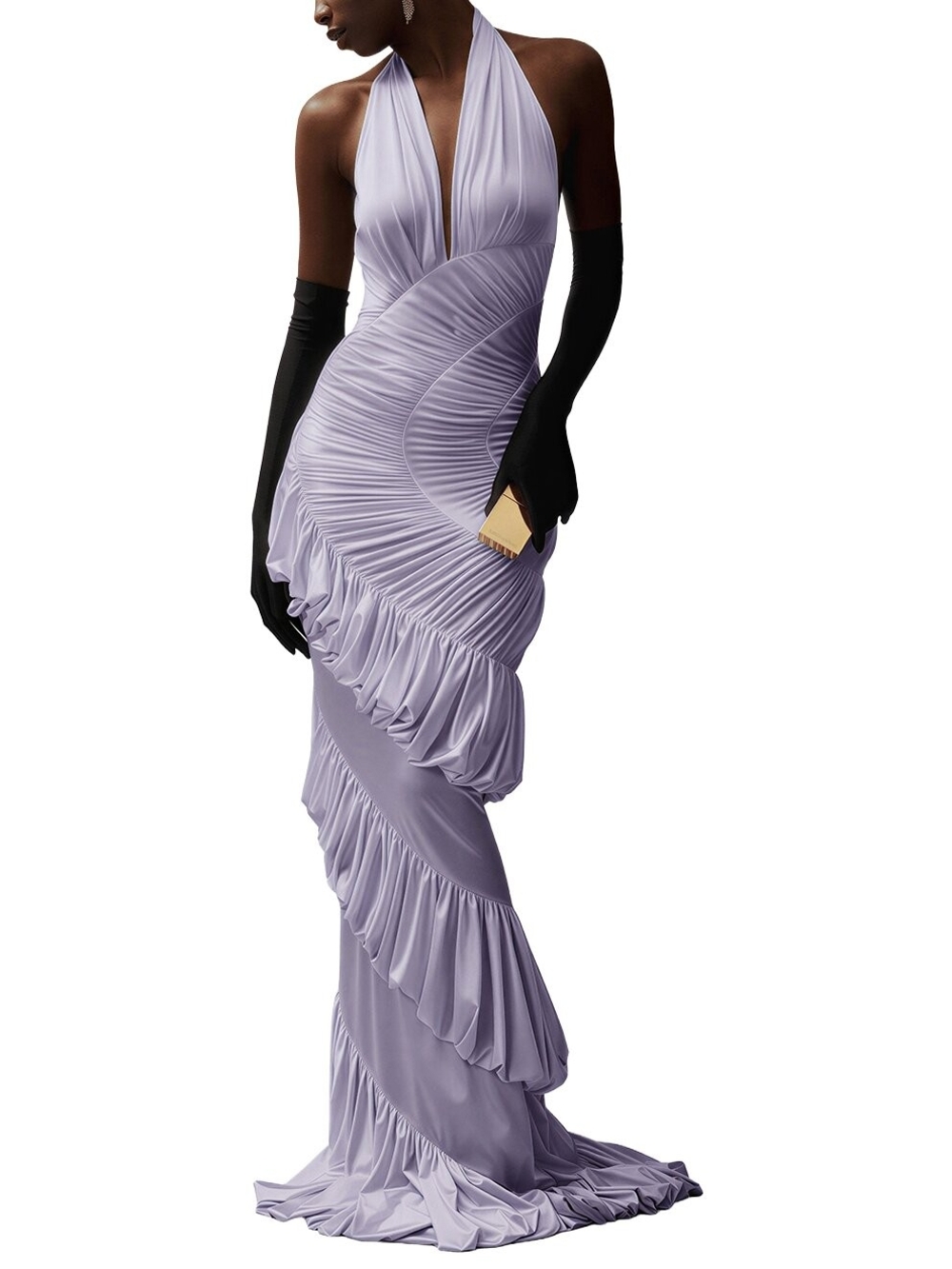 Lilac Halter Ruched Evening Gown